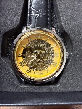 Men's Gold Skeleton Dial Automatic Watch with Black Leather Strap